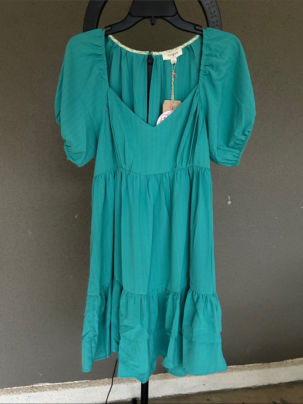 Umgee Teal Puff-Sleeve Tiered Mini Dress